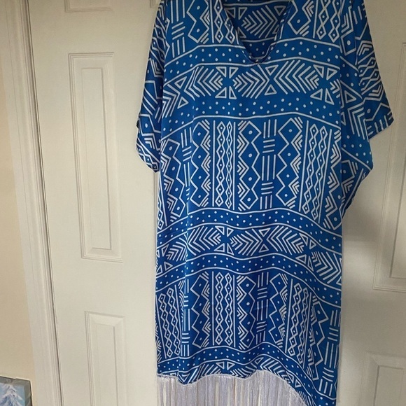 Adam Couture luxury  silky blue white urban print fringe maxi kaftan dress - Picture 4 of 12